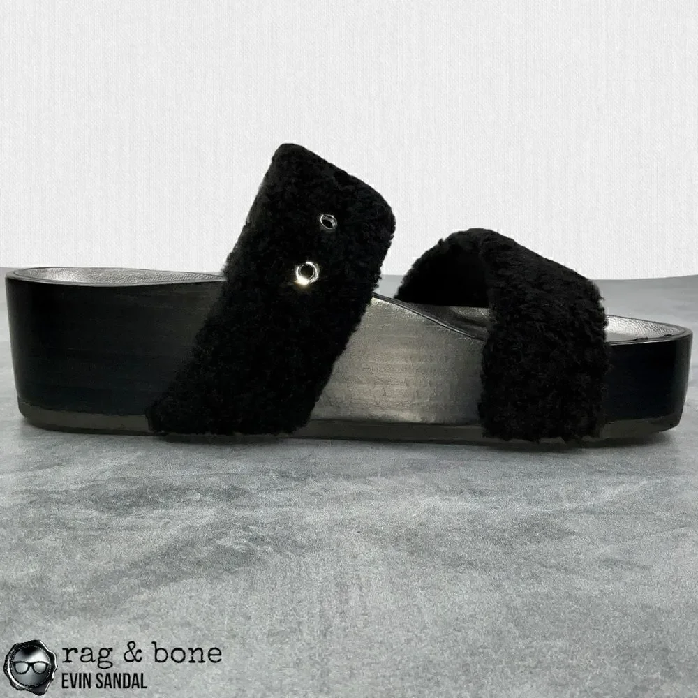 RAG & BONE EVIN GENUINE SHEARLING PLATFORM SLIDE SANDAL IN BLACK US SIZE 6 EU 36